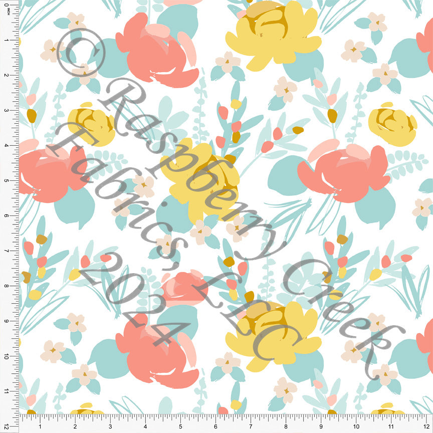 Tonal Coral Dusty Teal and Mustard Yellow Floral Print Fabric, Country Easter for CLUB Fabrics