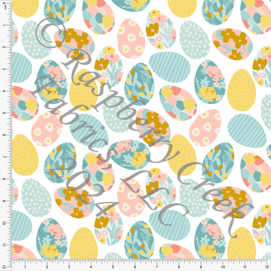 Tonal Coral Dusty Teal and Mustard Yellow Patterned Easter Egg Print Fabric, Country Easter for CLUB Fabrics