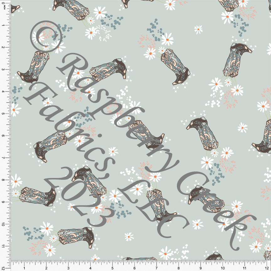 Dusty Blue Dusty Pink and Brown Daisy Flower Cowboy Boot Print Fabric, Cowgirls Kim Henrie for Club Fabrics