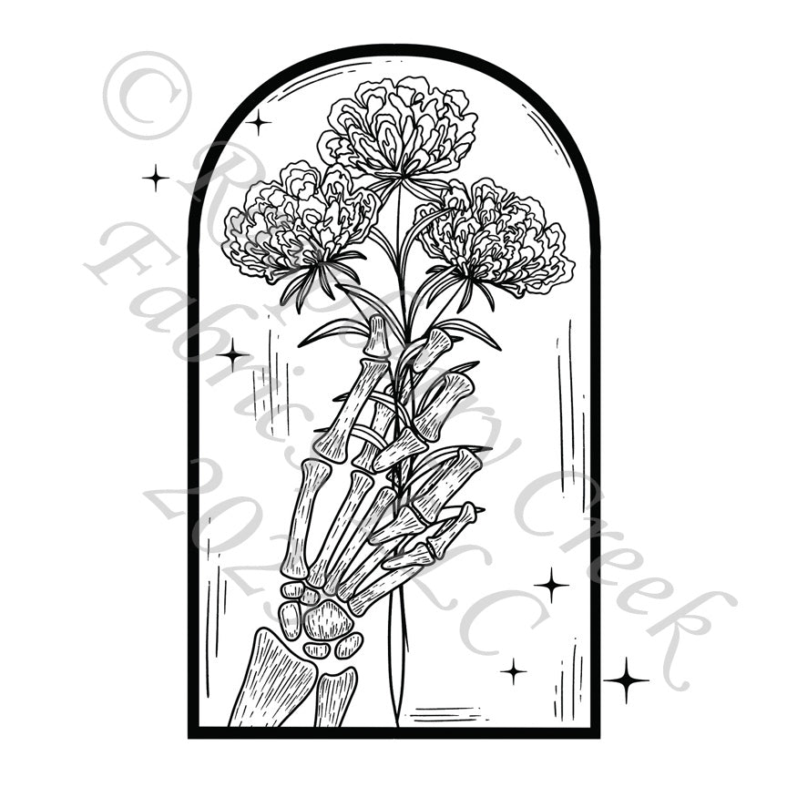 Black and White Skeleton Hand Rose Panel, Creepin by Kelsey Shaw for CLUB Fabrics