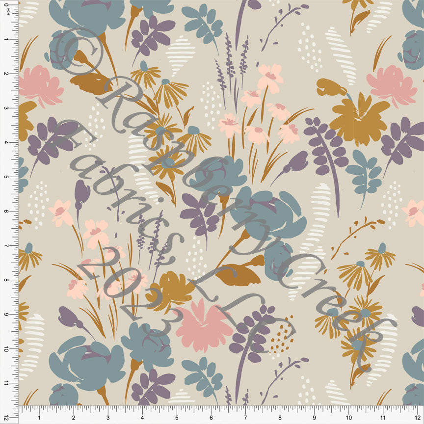Tan Dusty Purple Mauve Dusty Blue and Deep Mustard Meadow Floral Print Stretch Crepe, CLUB Fabrics