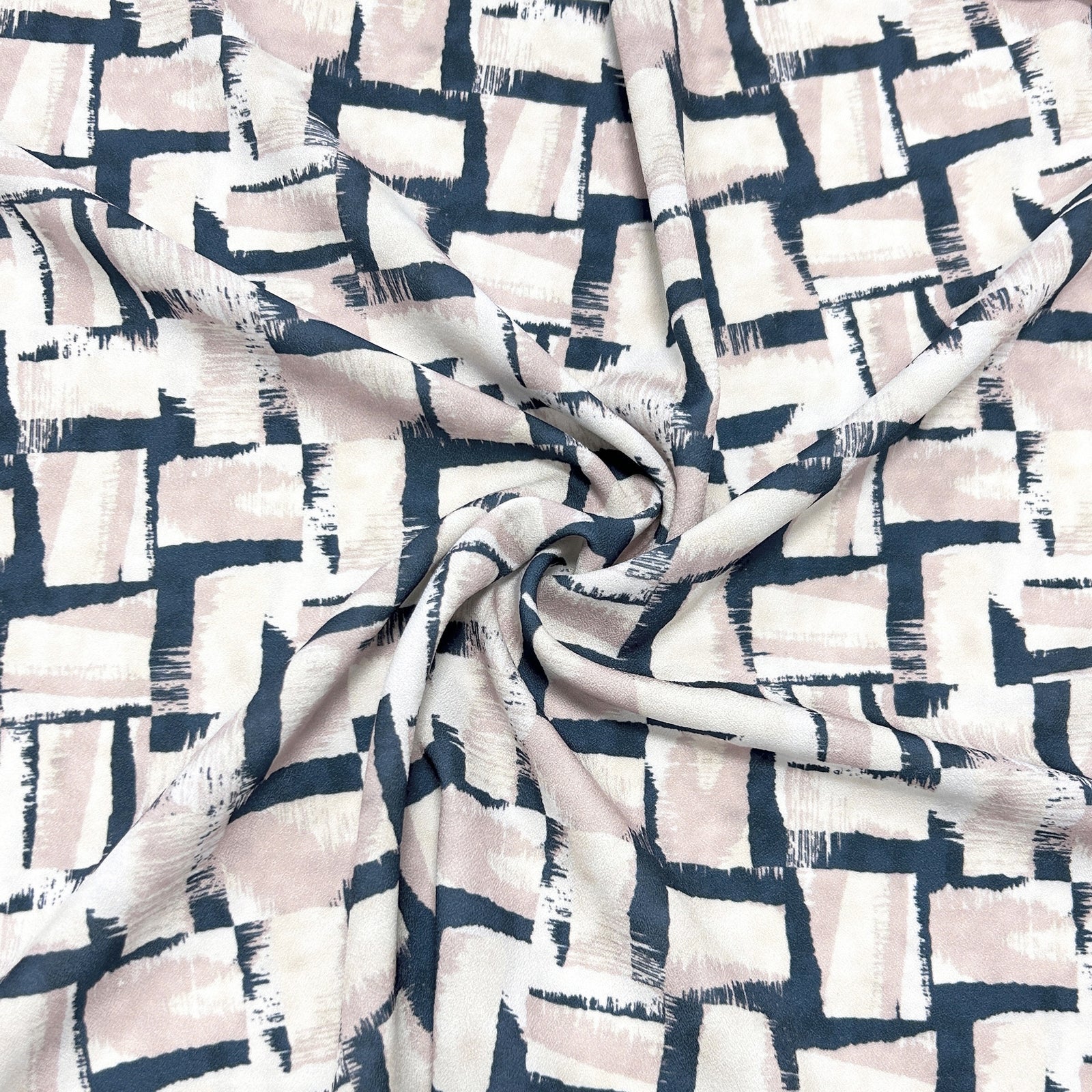 Deep Teal Mauve and Cream Abstract Square Print Stretch Crepe, CLUB Fabrics