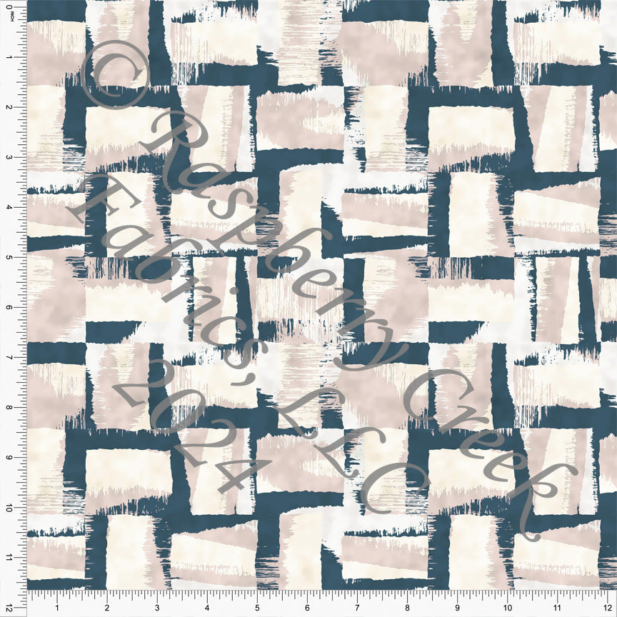 Deep Teal Mauve and Cream Abstract Square Print Stretch Crepe, CLUB Fabrics