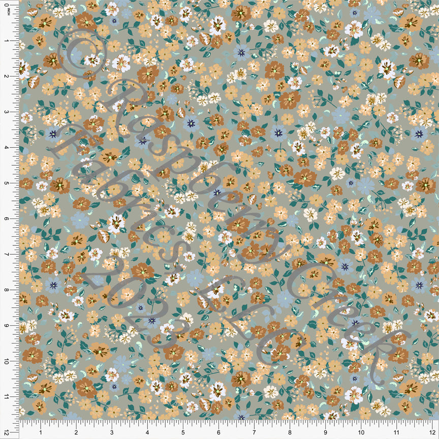 Grey Dusty Blue Khaki Yellow and Teal Ditsy Floral Print Stretch Crepe, CLUB Fabrics