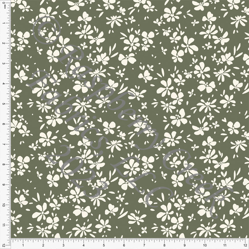 Olive Green and Cream Ditsy Floral Print Stretch Crepe, CLUB Fabrics  Fabric, Raspberry Creek Fabrics