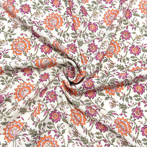 Orange Pink Green and Cream Block Print Paisley Stretch Crepe, CLUB Fabrics