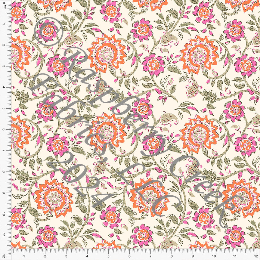 Orange Pink Green and Cream Block Print Paisley Stretch Crepe, CLUB Fabrics