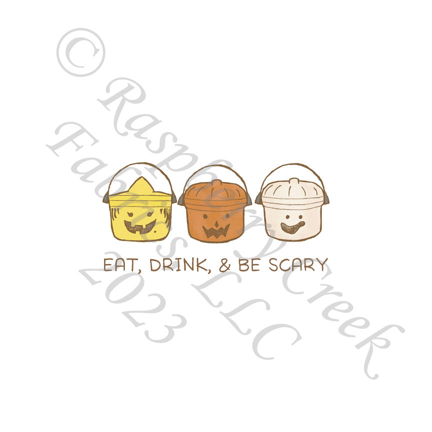 Rust Yellow Cream and Charcoal Retro Pumpkin Bucket Eat Drink and Be Scary Panel, Cryptid by Bri Powell for CLUB Fabrics