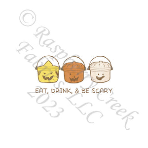 Rust Yellow Cream and Charcoal Retro Pumpkin Bucket Eat Drink and Be Scary Panel, Cryptid by Bri Powell for CLUB Fabrics