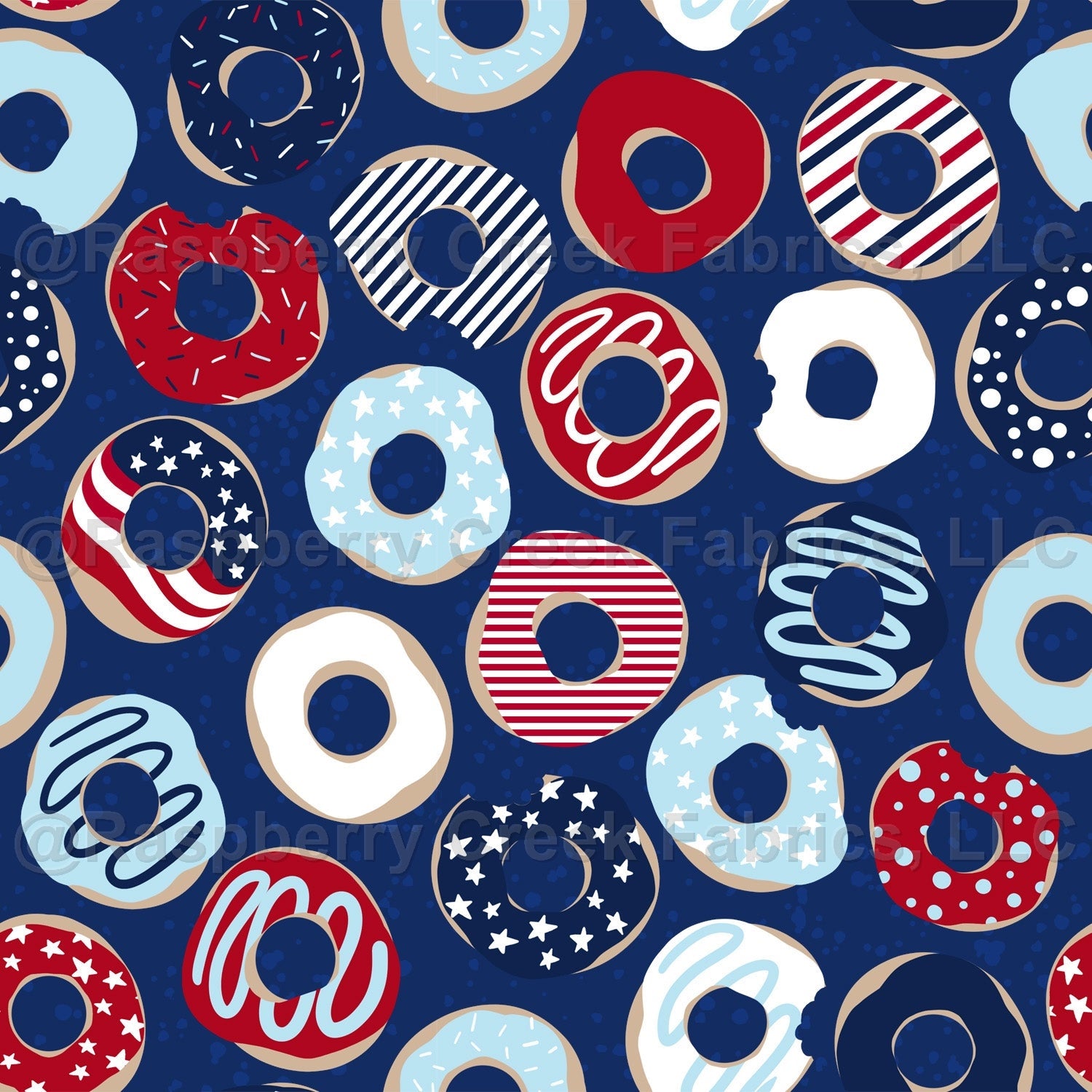Deep Royal Blue Red and Light Blue Patriotic Donut Print Fabric, Americana by Brittney Laidlaw