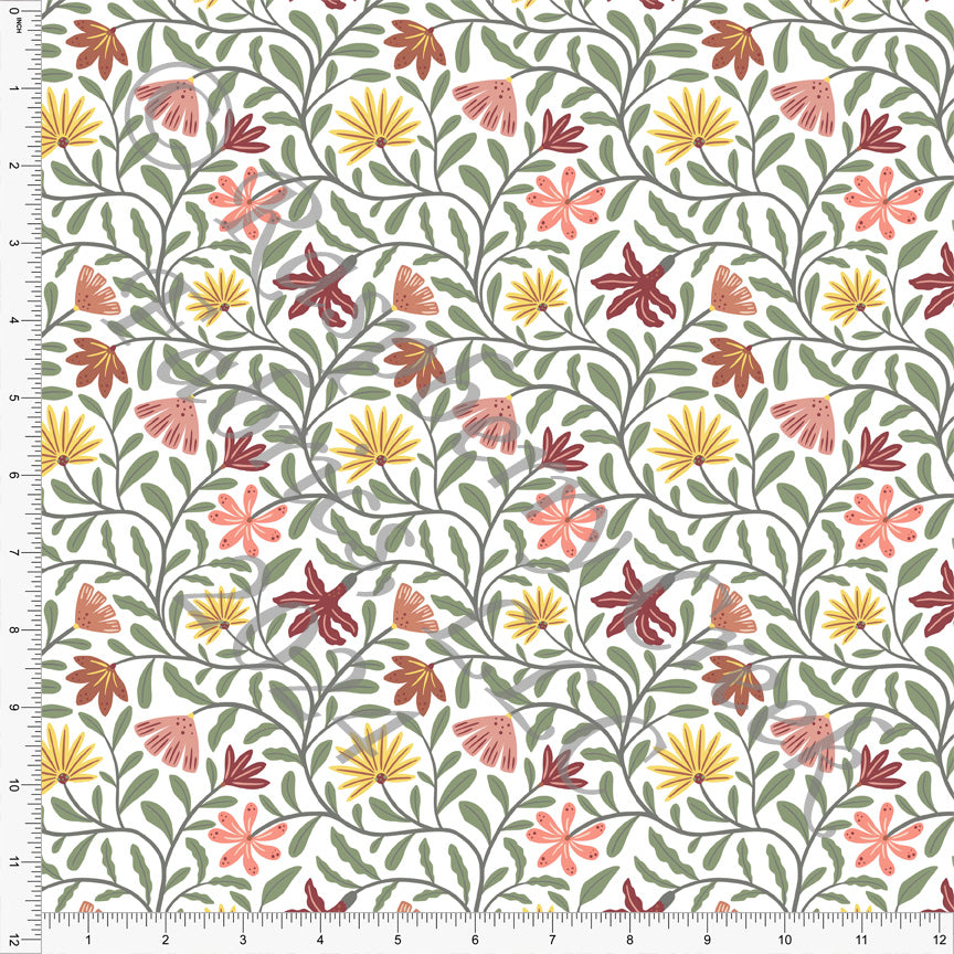 Grey Sage Yellow Coral Mauve and Merlot Vine Floral Print Fabric, Desert by Ester Muxune for CLUB Fabrics