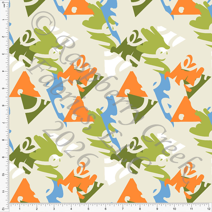 90s Shapes Khaki Periwinkle Steel Blue Orange Lime Fabric, Retro Tropics by Diana Rammell for CLUB Fabrics
