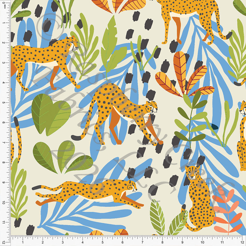 Khaki Lime Periwinkle Steel Blue Orange Cheetah Fabric, Retro Tropics by Diana Rammell for CLUB Fabrics