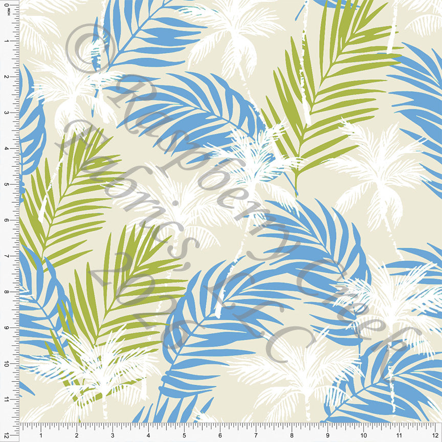 Khaki Lime Periwinkle Steel Blue Multi Palms Fabric, Retro Tropics by Diana Rammell for CLUB Fabrics