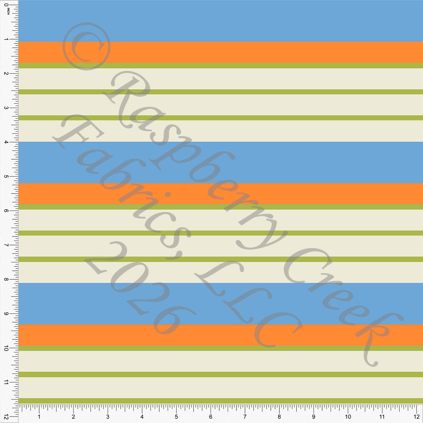 Khaki Periwinkle Seafoam Steel Blue Orange Stripe Fabric, Retro Tropics by Diana Rammell for CLUB Fabrics