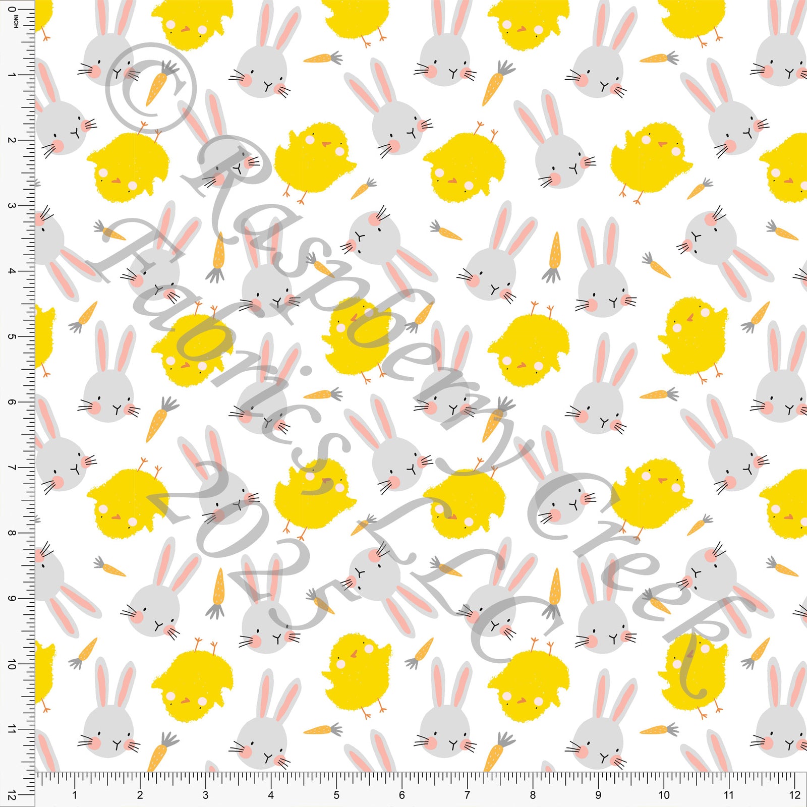 Grey Yellow Light Coral Bunnies and Chicks Hop Into Spring Diana Rammell CLUB Fabrics