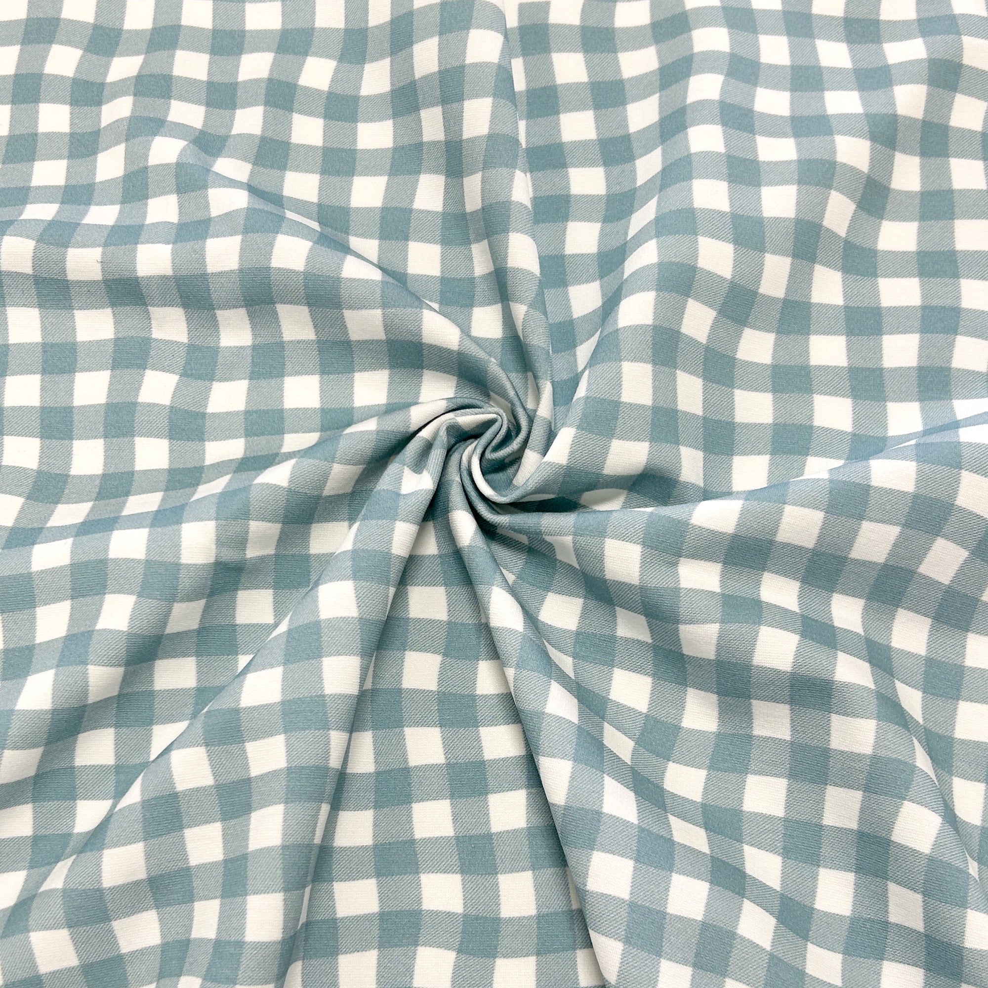 Dusty Blue and White Wavy Gingham Plaid Print Ponte De Roma Knit Fabric, CLUB Fabrics