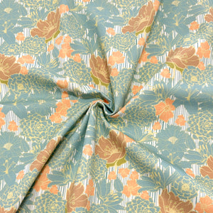 Dusty Seafoam Khaki Yellow and Orange Vertical Stripe Floral Print Ponte De Roma Knit Fabric, CLUB Fabrics