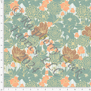 Dusty Seafoam Khaki Yellow and Orange Vertical Stripe Floral Print Ponte De Roma Knit Fabric, CLUB Fabrics