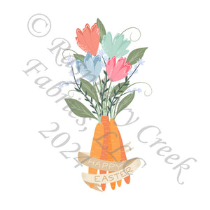 Salmon Coral Orange Light Blue Sage and Mint Carrot Bouquet Panel, Bunnies and Flowers by Kelsey Shaw for CLUB Fabrics