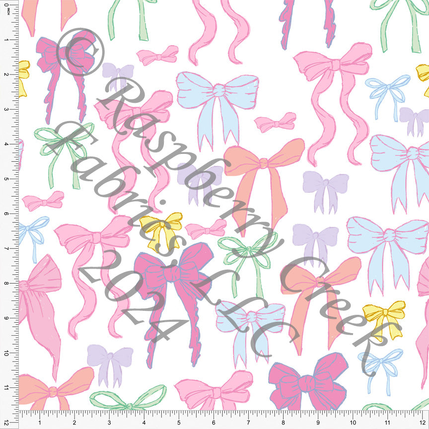 Pink Blue Yellow Purple and Green Bow Print Fabric, Egg Hunt by Bri Powell for CLUB Fabrics