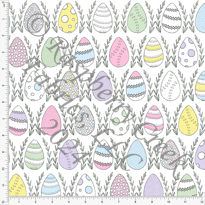 Yellow Pink Green Blue and Purple Line Drawn Patterned Easter Egg Print Fabric, Egg Hunt by Bri Powell for CLUB Fabrics