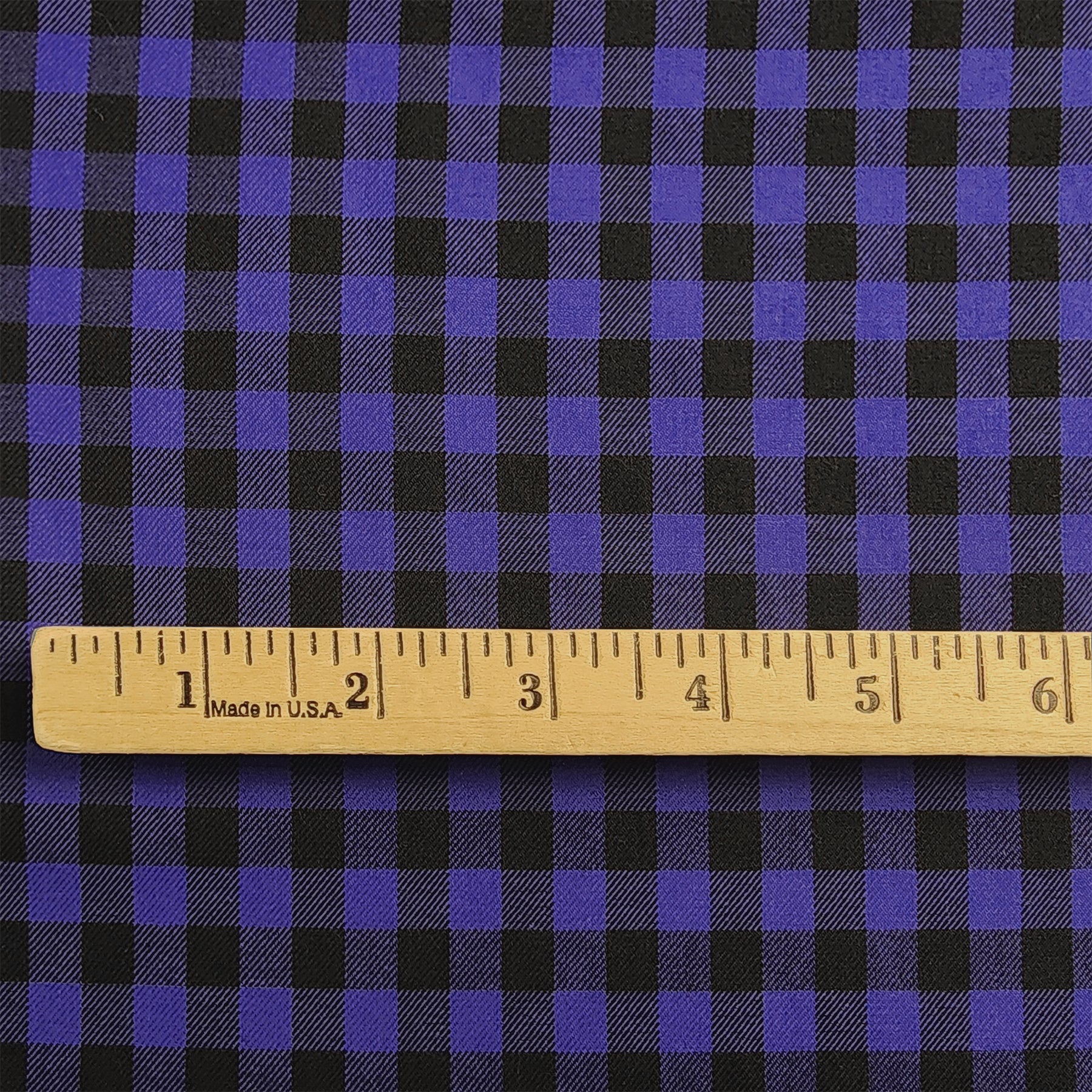 Blue and Black Small Buffalo Check Flannel Shirting with ruler