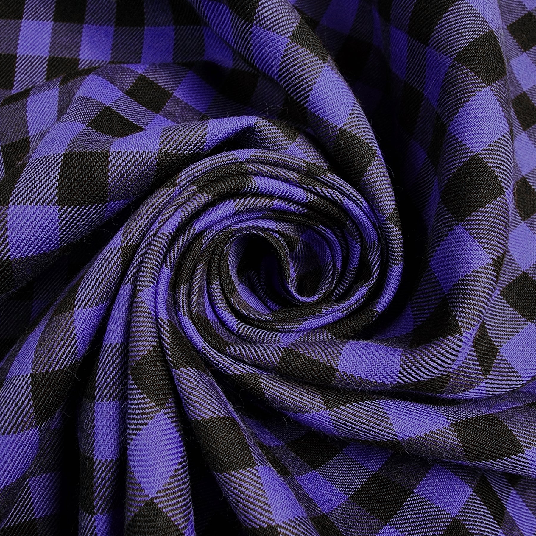 Blue and Black Small Buffalo Check Flannel Shirting Swirled