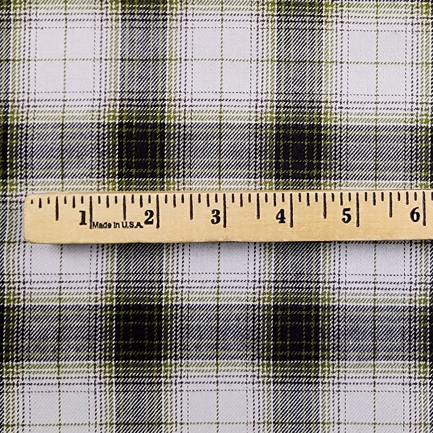 Black, Olive Green, and Grey Plaid Flannel Shirting with Ruler