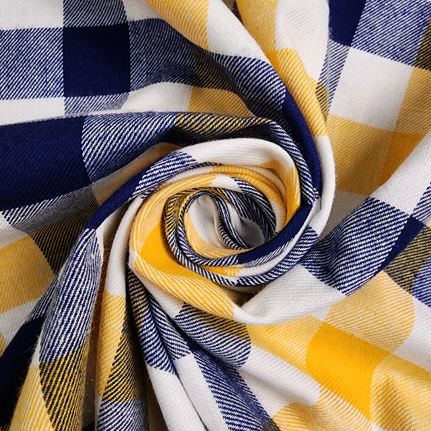 Maize, Navy, and White Buffalo Check Flannel Shirting Swirled