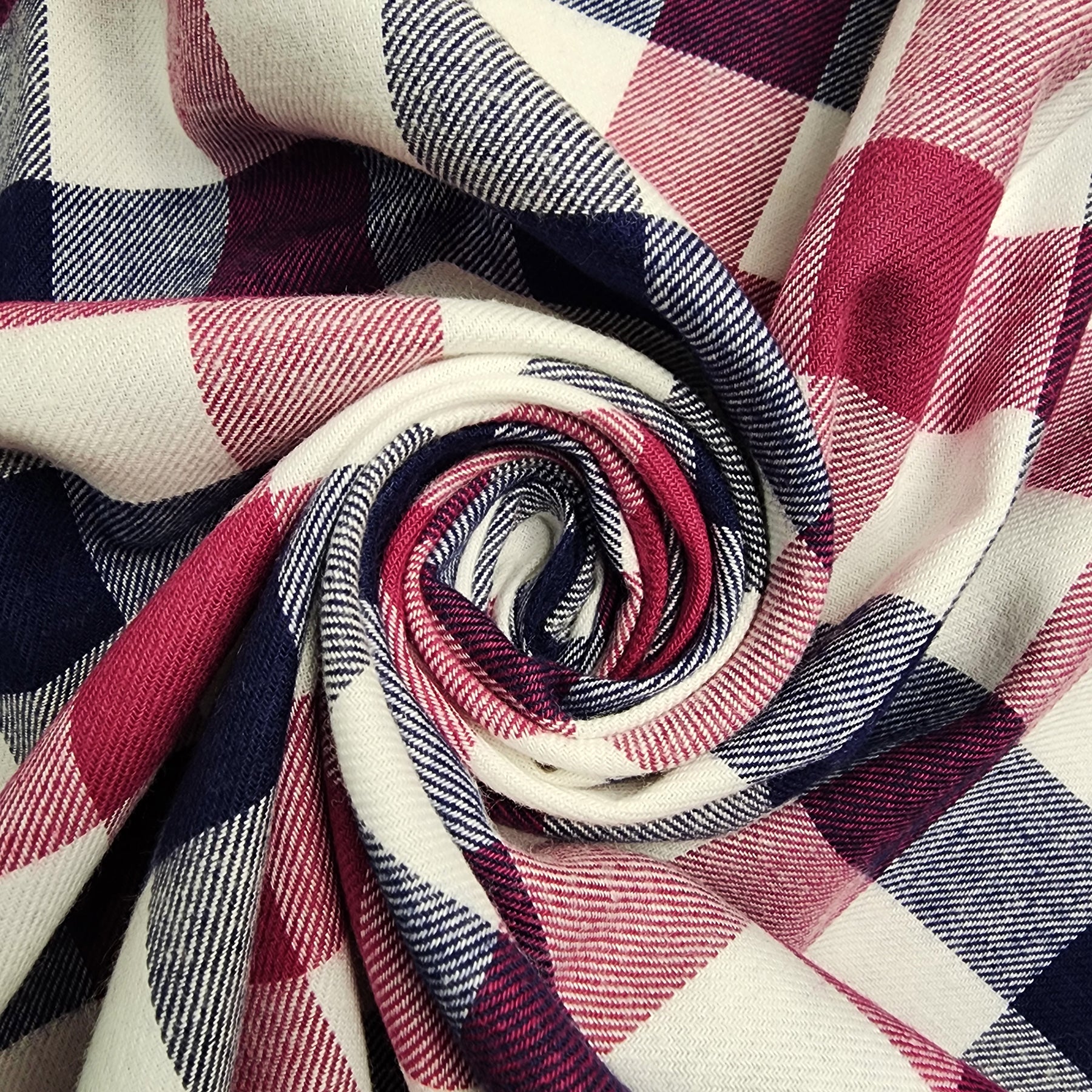 Red, Navy, and White Buffalo Check Flannel Shirting Swirled