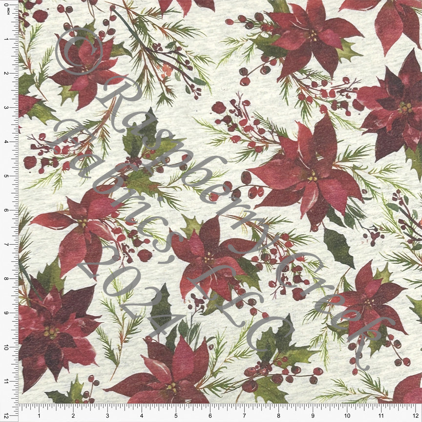 PRE-ORDER Tonal Burgundy and Olive Poinsettia Print on Oatmeal 4 Way Stretch French Terry Knit Fabric