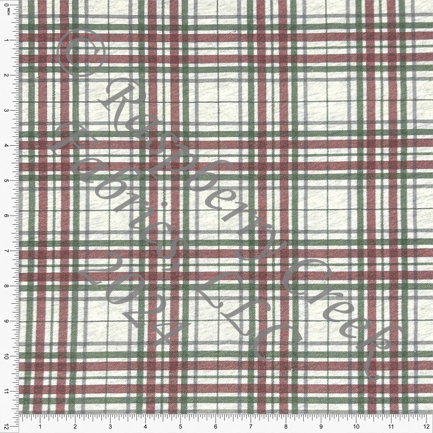 PRE-ORDER Burgundy Olive and Grey Plaid Print on Oatmeal 4 Way Stretch French Terry Knit Fabric