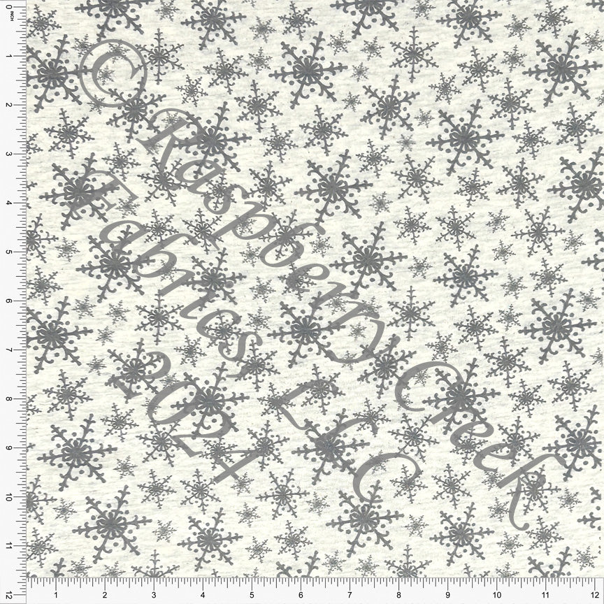 PRE-ORDER Dark Grey Tossed Snowflake Print on Oatmeal 4 Way Stretch French Terry Knit Fabric