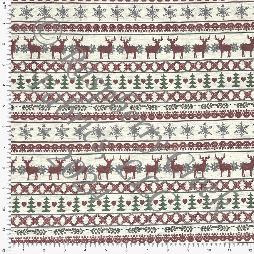 PRE-ORDER Burgundy Olive and Grey Fair Isle Print on Oatmeal 4 Way Stretch French Terry Knit Fabric