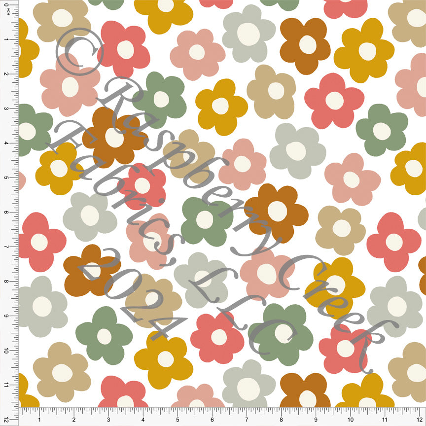 Sage Coral Mustard and Khaki Retro Daisy Floral Print Fabric, Fall Florals by Brittney Laidlaw for CLUB Fabrics