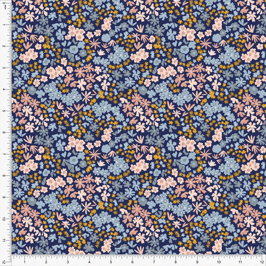 Coral Mauve Steel Blue Mustard and Navy Ditsy Meadow Floral On Light Weight Double Brushed Poly, By Brittney Laidlaw for CLUB Daily Deal