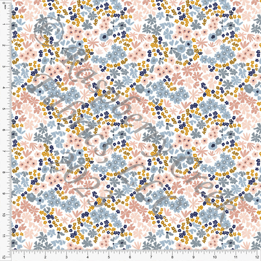 Mauve Peach Pink Steel Blue Mustard and Navy Ditsy Meadow Floral Print Fabric, Fall Florals by Brittney Laidlaw for CLUB Fabrics