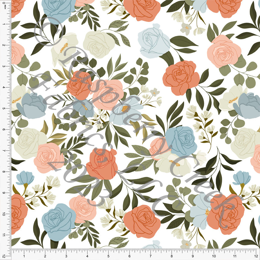 Steel Blue Hunter Green Clay Pink Peach and Cream Rose Floral Print Fabric, Fall Florals by Brittney Laidlaw for CLUB Fabrics