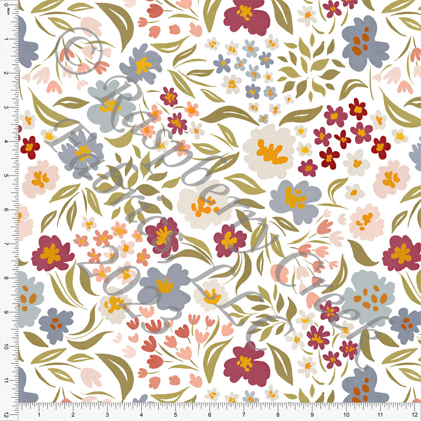 Olive Steel Blue Mustard Plum and Mauve Tossed Bright Floral Print Fabric, Fall Florals by Brittney Laidlaw for CLUB Fabrics