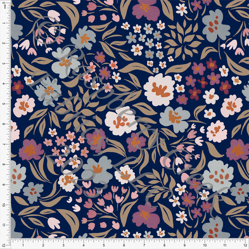 Navy Dusty Orchid Khaki and Steel Blue Floral Print Fabric, Fall Florals by Brittney Laidlaw for CLUB Fabrics