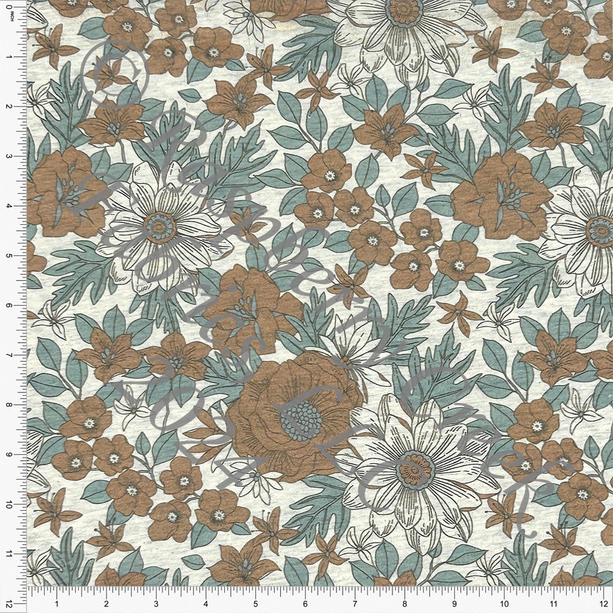 PRE-ORDER Sage and Rust Line Drawn Daisy Floral on Oatmeal 4 Way Stretch French Terry Knit Fabric