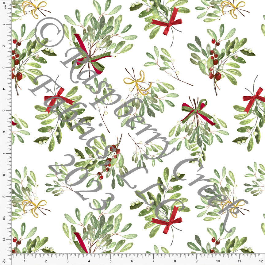 Tonal Green Red and Gold Mistletoe Print Fabric, Christmas Florals for CLUB Fabrics