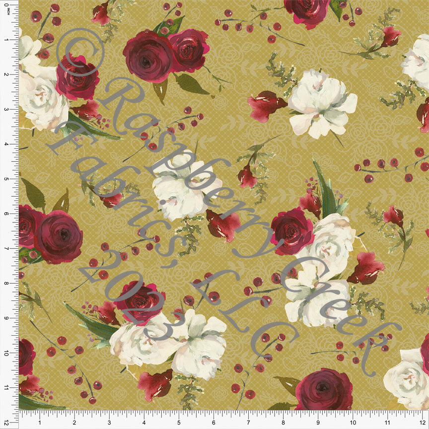 Mustard Olive Burgundy and Cream Watercolor Floral Faux Lace Print Fabric, Christmas Florals for CLUB Fabrics
