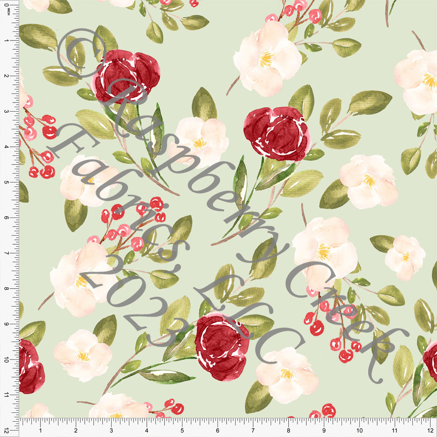 Sage Burgundy Red and Cream Watercolor Floral Print Fabric, Christmas Florals for CLUB Fabrics