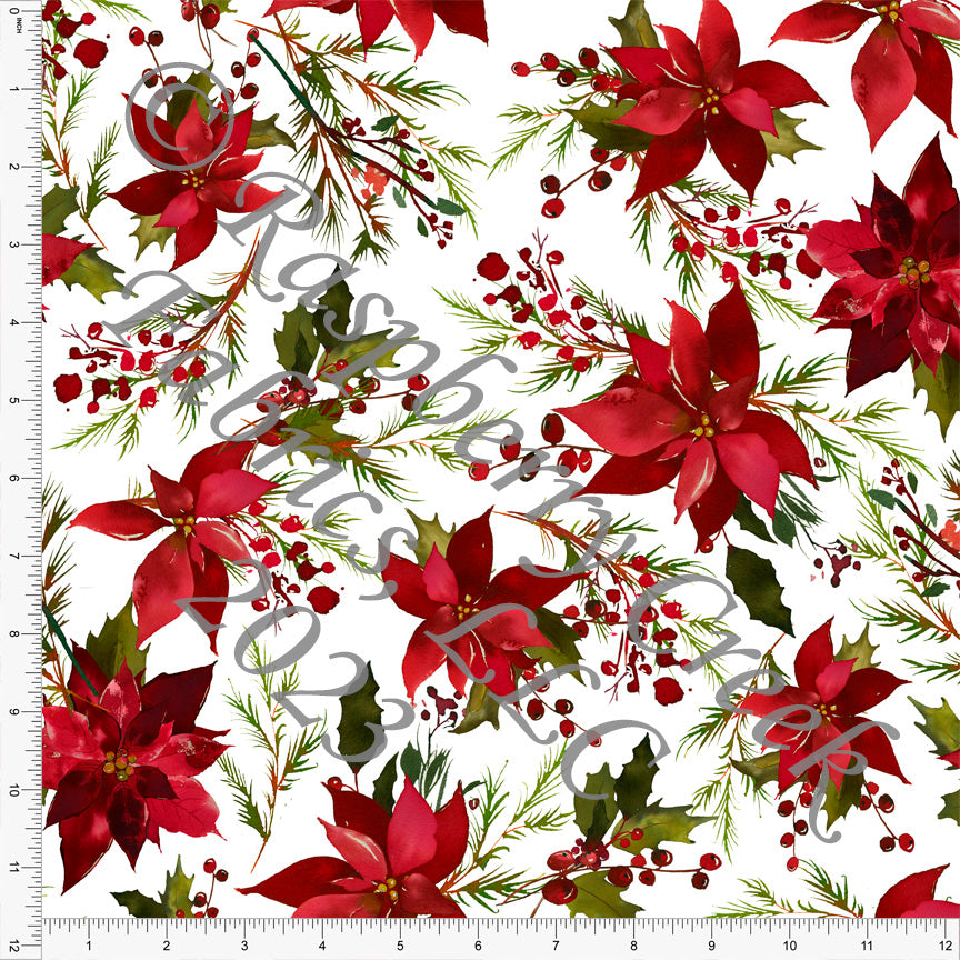 Burgundy Red and Olive Green Pine Berry Poinsettia Floral Print Fabric, Christmas Florals for CLUB Fabrics