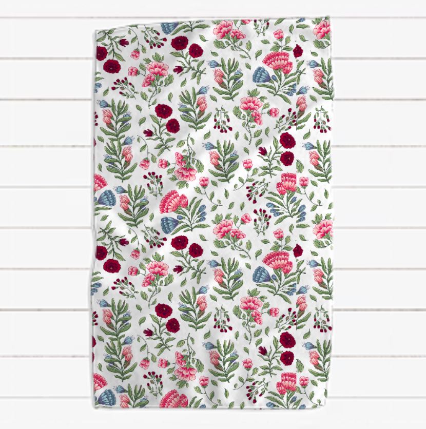 Pink Green Blue and Burgundy French Floral Waffle Towel
