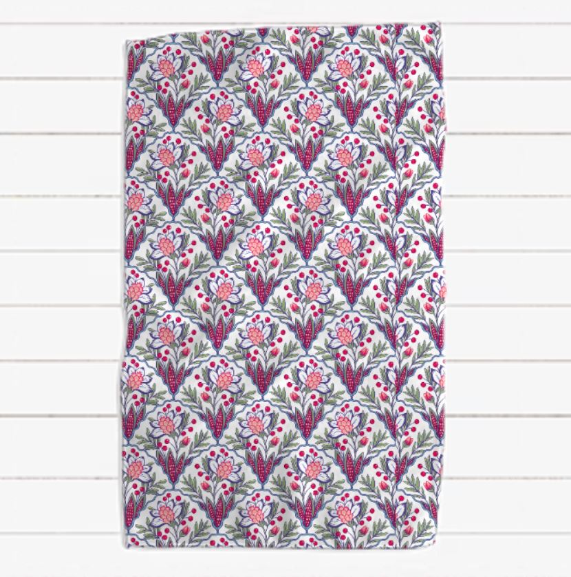 Pink Green Blue and Burgundy Geometric French Floral Waffle Towel