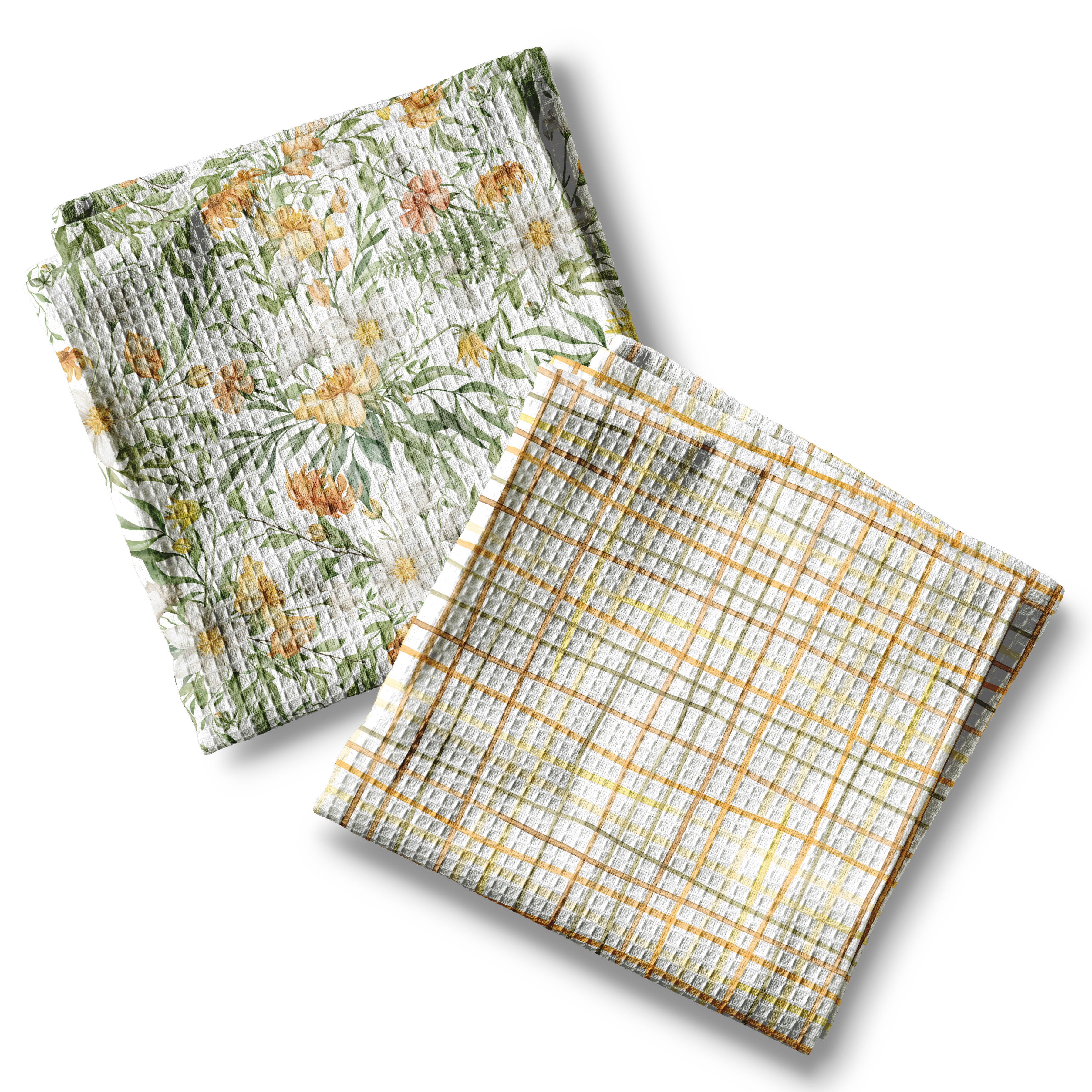 Yellow Orange Green and Cream Floral and Plaid, Set of Two