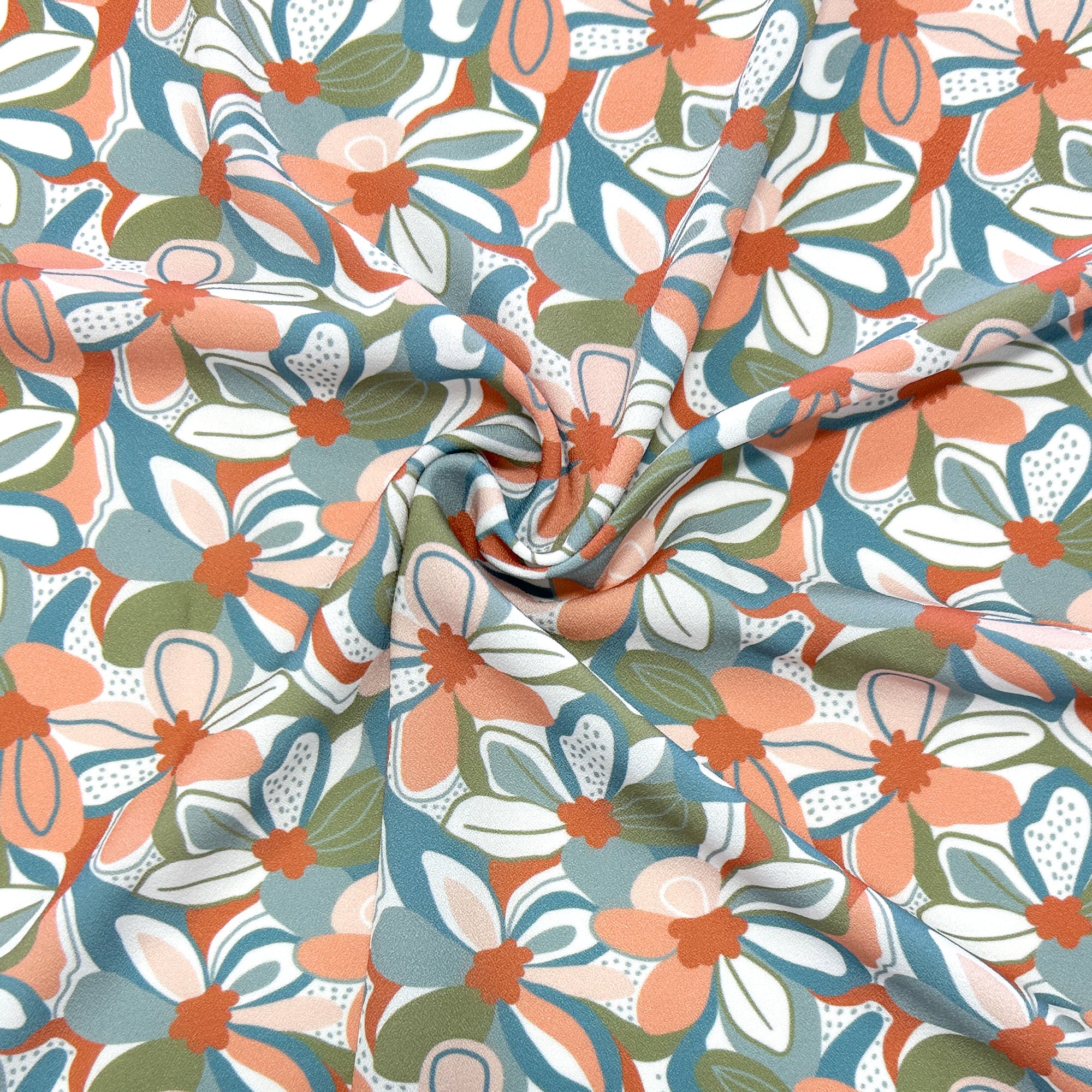 Coral Dusty Blue Ruse and Light Olive Floral Print Stretch Crepe, CLUB Fabrics